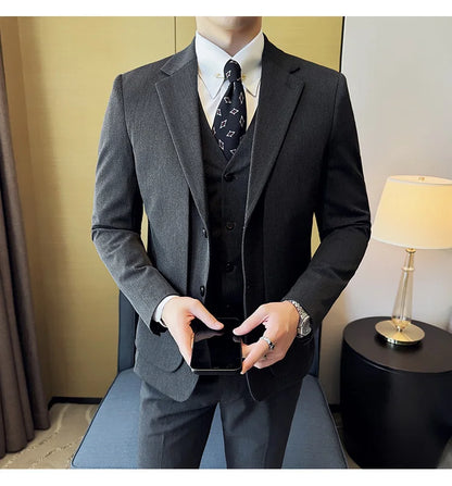 British Style Fake Two-piece Suit Set Men's Wedding Groom Dress 3 Piece Set Suit Vest Trousers Slim Office Business Casual Suits