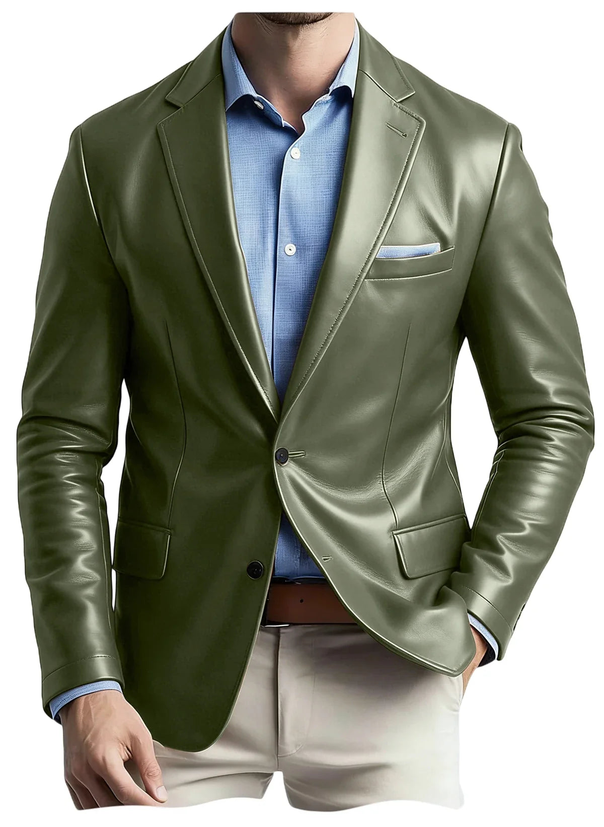 Men's Faux Leather Blazer Notch Lapel Flap Pockets Slim Fit Suit Jacket Coats For Casual Business Wedding Party