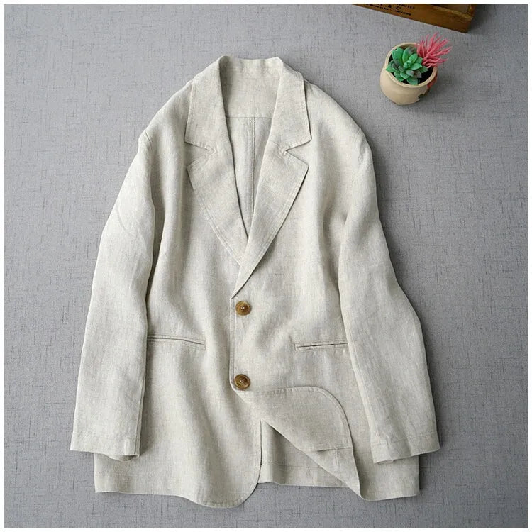 Elegant Long Sleeve Women's Linen Suit Jacket Thin Outerwear New Spring Fashion Ladies' Classic Versatile Pure Cotton Blend