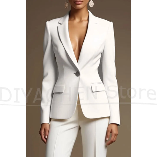 Women's White Suit Set Slim Fit Two Piece Jacket and Wide Leg Pants Office Casual Formal Occasions Elegant Female Outfit