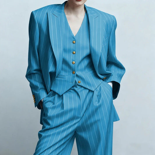Boardroom-essential Women Suit Formal Striped Single-grain Buckle Peak-lapel Three Pieces (Jacket+Pants+Vest) Office Lady Set