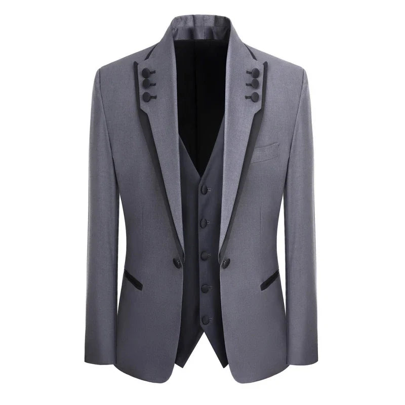 Men Suit 3 Piece Gray Single Button With Black Ruffle For Wedding Groom Banquet Birthday Work Tuxedo Jacket Vest With Pants