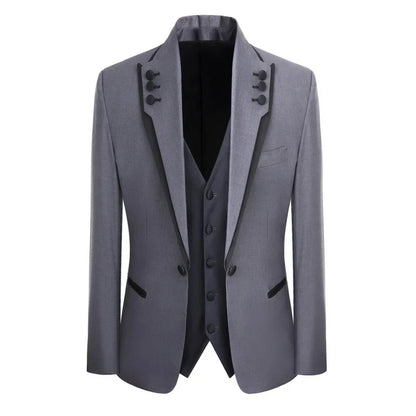 Men Suit 3 Piece Gray Single Button With Black Ruffle For Wedding Groom Banquet Birthday Work Tuxedo Jacket Vest With Pants