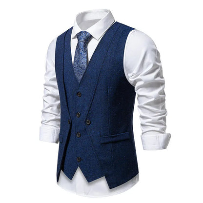 Men's Triple-Breasted Herringbone Tweed Vest – Retro Fake Two-Piece Waistcoat for Weddings & Smart-Casual Occasions