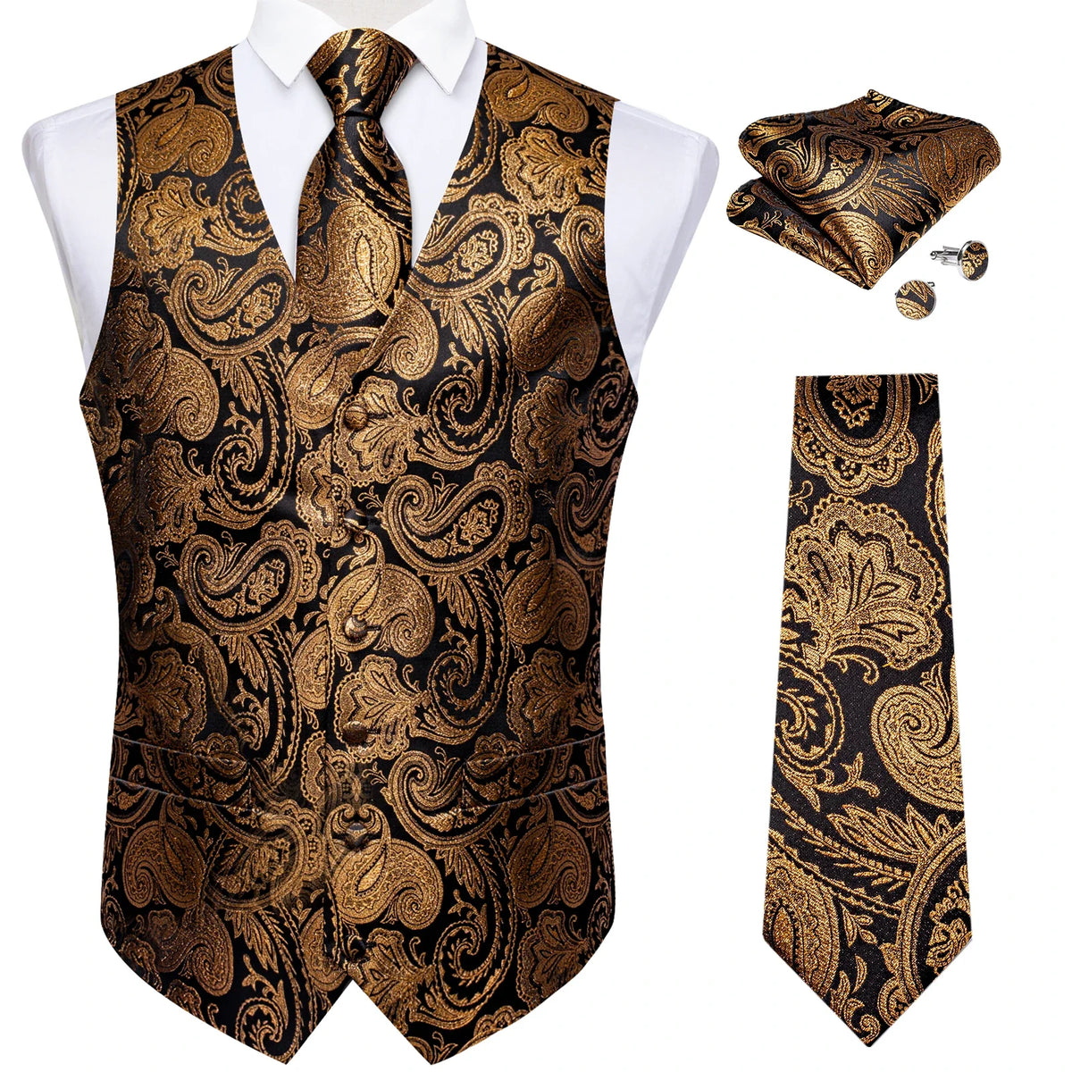 Men's Paisley Waistcoat Set – Single Breasted Formal Vest with Necktie and Pocket Square for Weddings and Business Events
