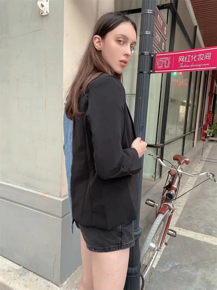 Women Vintage Fashion Blazer Denim Patchwork Jackets 2022 Autumn Winter Irregular Coat Women Long Sleeve Loose Korean Outerwear