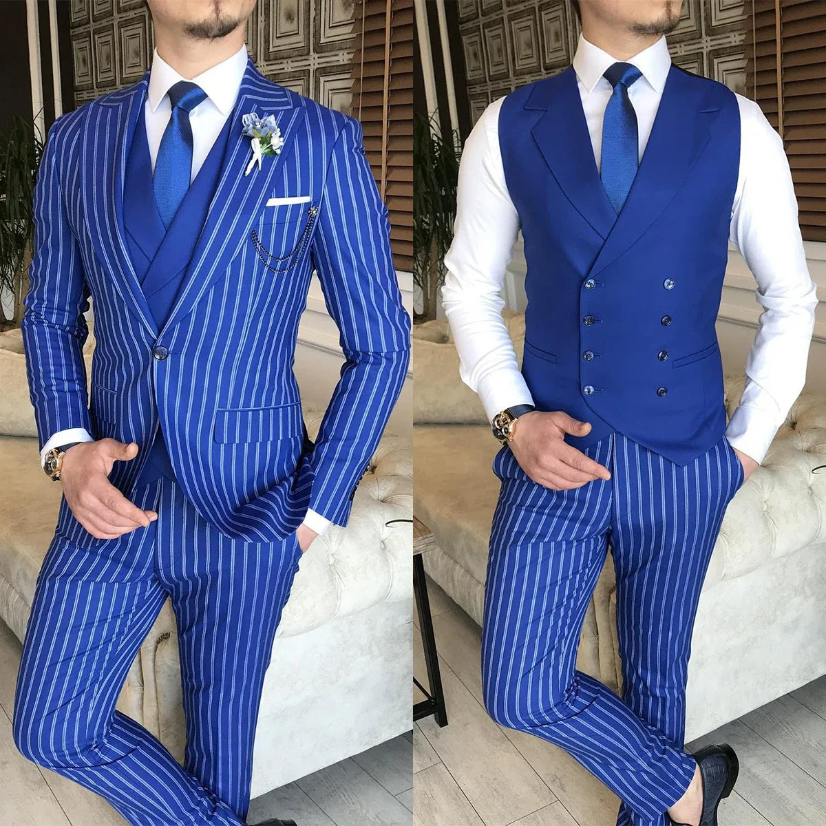 Men's Suit 3 Pieces Blazer Vest Pants One Button Peaked Lapel Pinstripes Formal Business Blue Slim Wedding Groom Costume Homme