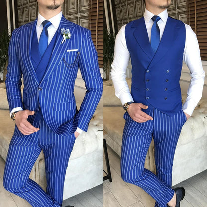 Men's Suit 3 Pieces Blazer Vest Pants One Button Peaked Lapel Pinstripes Formal Business Blue Slim Wedding Groom Costume Homme