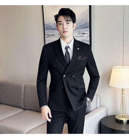 (Jacket + Vest + Pants)Three Piece Set Men Blazers Set stripe Suits Busines Casual Slim Fit Formal Dress Groom Tuxedo Wedding
