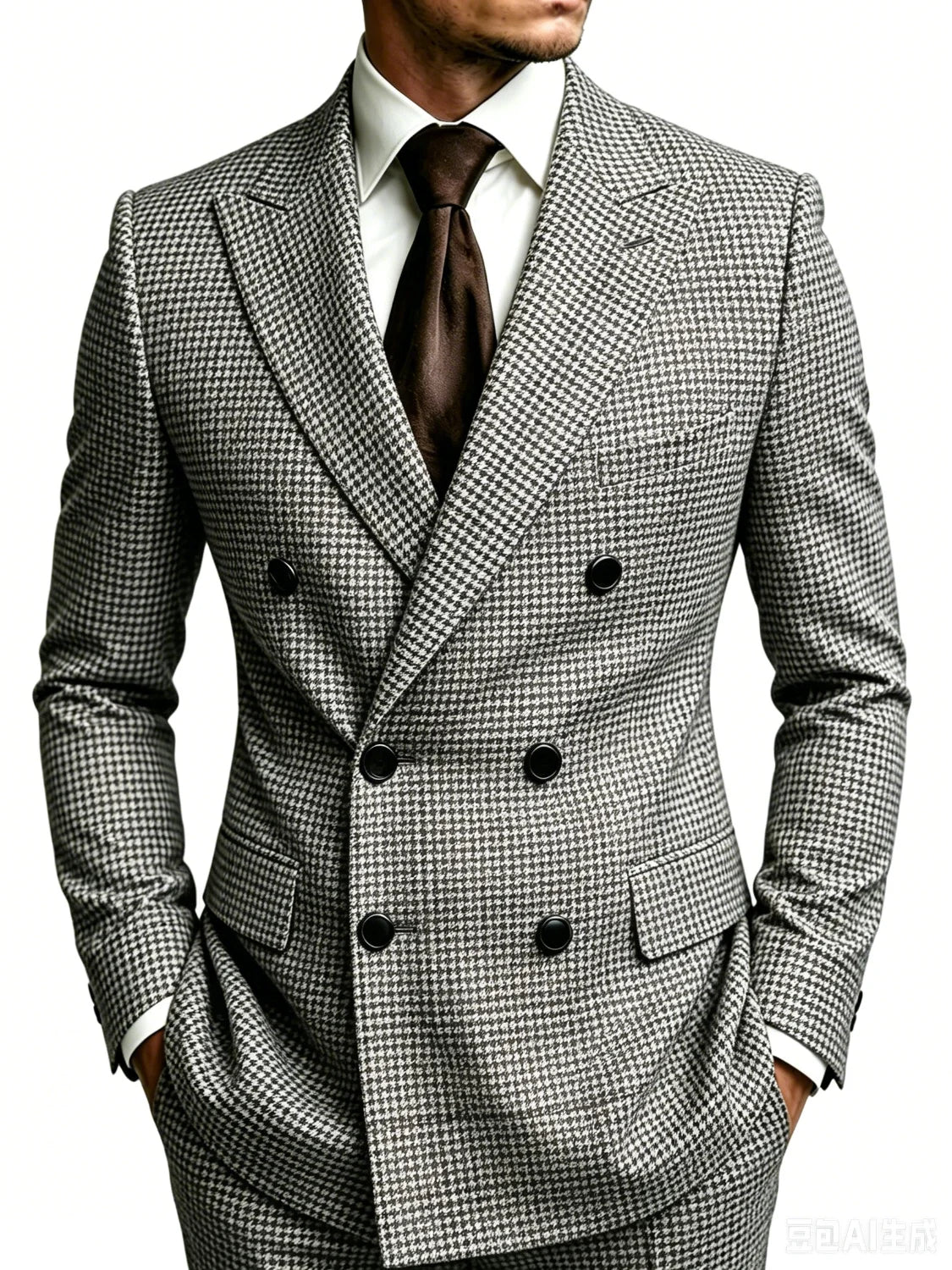Men's Houndstooth Blazer Double Breasted Peak Lapel Slim Fit Business Wedding Jacket Fashion Formal Party Outerwear for Men