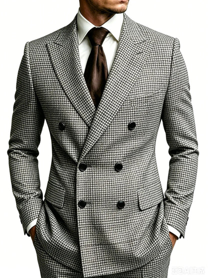 Men's Houndstooth Blazer Double Breasted Peak Lapel Slim Fit Business Wedding Jacket Fashion Formal Party Outerwear for Men