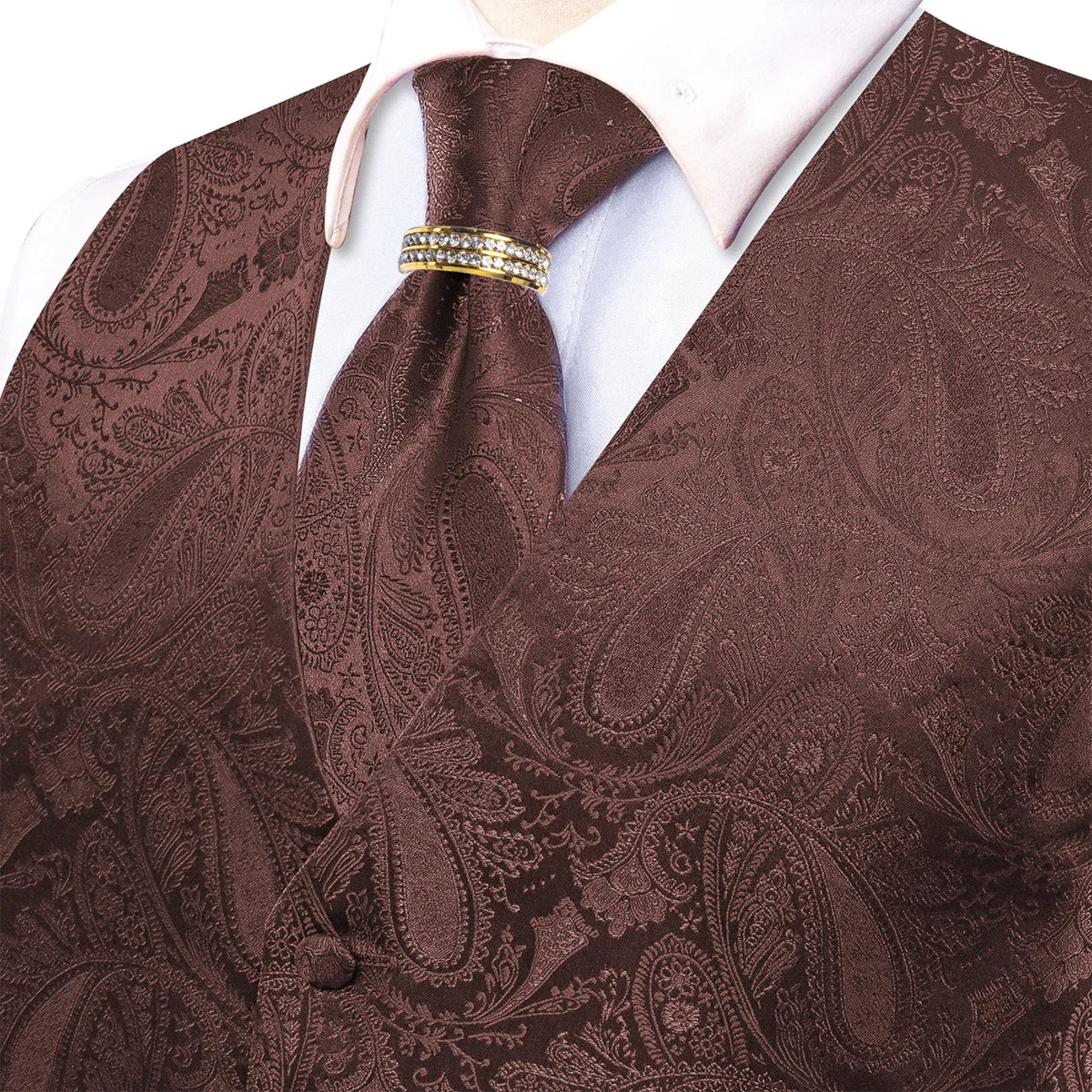 Men's V-Neck Vest 5-Piece Matching Set Coffee Paisley for Banquet & Anniversary