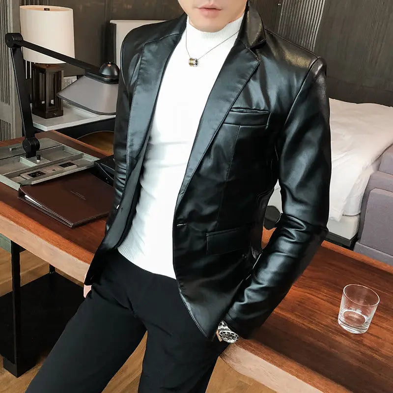Thin Leather Man Suits and Blazers Simple Breasted Clothing Handsome Classic Menswear High Quality Coats Casual Jacket for Men