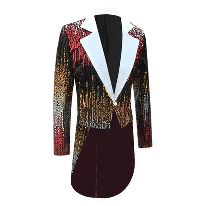 Men's Sequin Swallowtail Tailcoat Host Suit Jacket Long Party Coat Magician Stage Performance Chorus Evening Singer Black