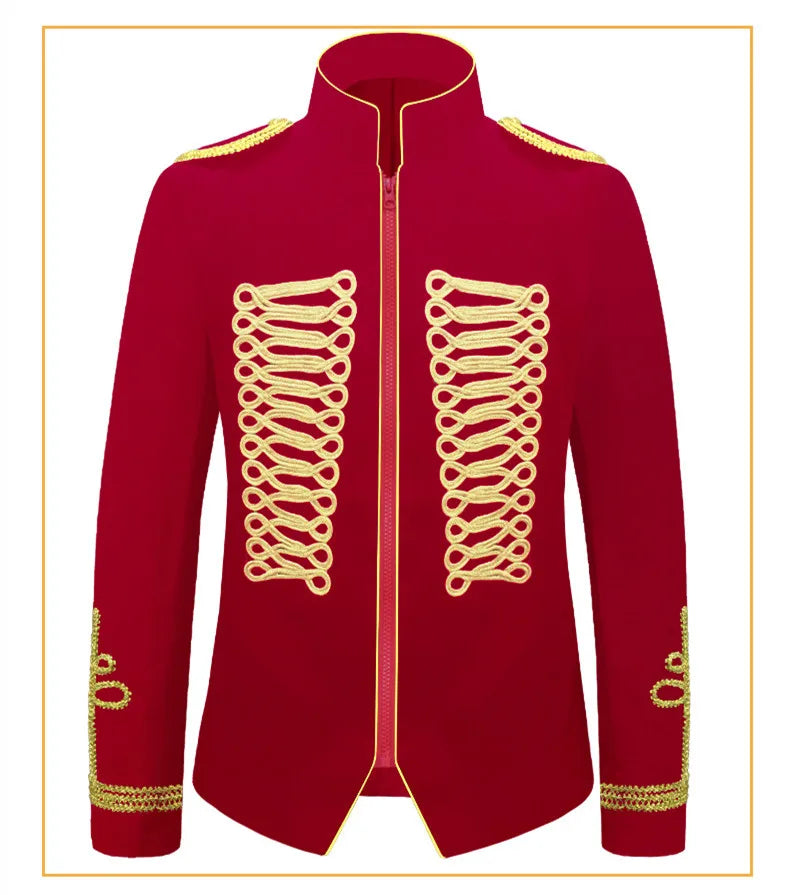 Men's European Style Stand Collar Zipper Blazer Golden Rope Detail Cosplay Middle Ages Tuxedo for Stage Performances And Parties