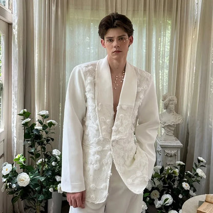 Mens Spliced Flowers Suit Jacket Wide Leg Pants Two Piece Set Loose Fit Spring Summer Designer Elegant Fashion Banquet Suits Set