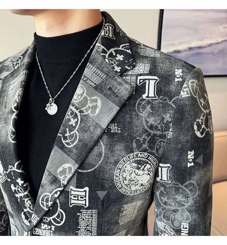 2024 Autumn Winter Jacquard Denim Suit Jacket for Men Fashion Business Casual Blazers Streetwear Social Men Clothing