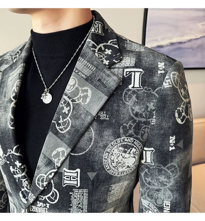 2024 Autumn Winter Jacquard Denim Suit Jacket for Men Fashion Business Casual Blazers Streetwear Social Men Clothing