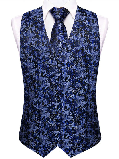 Men's Waistcoat Set Jacquard Floral Black Yellow Formal Wedding Tuxedo