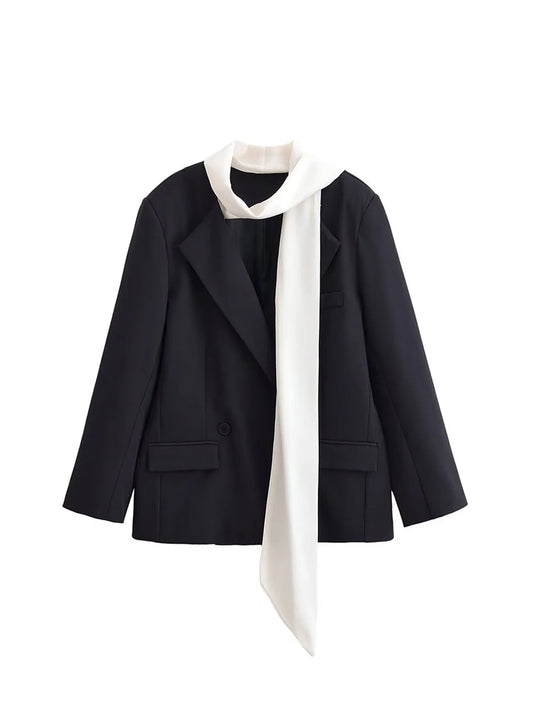 Women's Black Gothic Blazer Jacket with Scarf Vintage Long Sleeve Oversize Outerwear Single Breasted Suit Coat Y2k 2000s Autumn