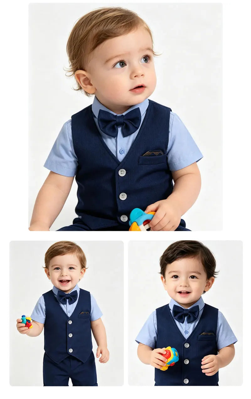 Baby Boys Sage Green Vest Short Sleeve Shirt Bow Tie Shorts 4pcs Clothes Set Kids Wedding Birthday Gentleman Formal Suit Set