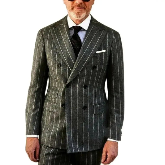 Grey Striped Male Suit Double Breasted Blazer Groom Tuxedos for Men Slim Fit 2-Piece Formal Business Men Clothing Costume Homme