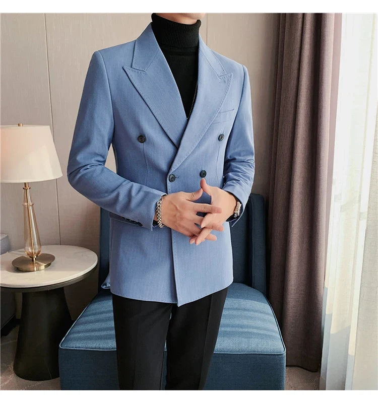 High Quality Double Breasted Suit Jacket Men Striped Casual Business Blazer Slim Fit Wedding Groom Office Social Dress Coat