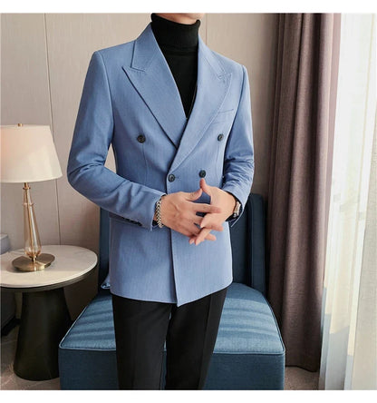 High Quality Double Breasted Suit Jacket Men Striped Casual Business Blazer Slim Fit Wedding Groom Office Social Dress Coat