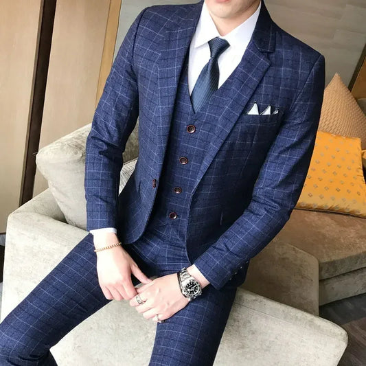 Men's 3-Piece Slim Fit Plaid Suit – Wedding & Business Formal Blazer Vest Pants
