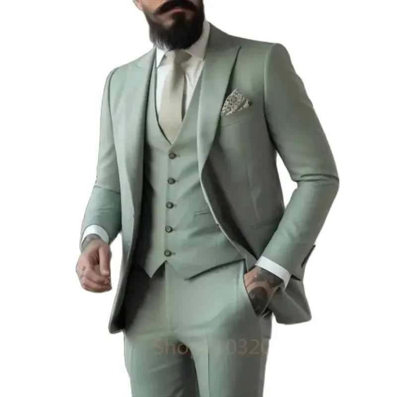 3 Pieces Light Green Suits Men Suits Wedding Wear Business Male Groom Wedding Dress Jacket Vest Pants Set Blazers Man Fahion