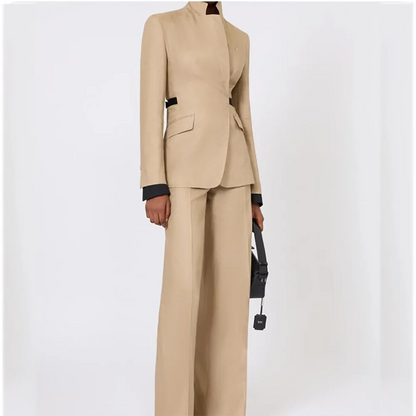 Women Suit Stand Collar Wrap Blazer With Black Belt Straight Leg Pants 2 Pieces Fashion Office Business Work Formal Lady Outfit