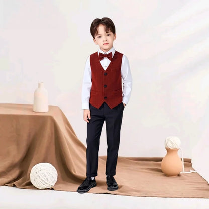 Spring Autumn Kids Blazer Vest Pants Bowtie 4Pieces Outfit Boy Birthday Party Wedding Host Piano Performance Costume