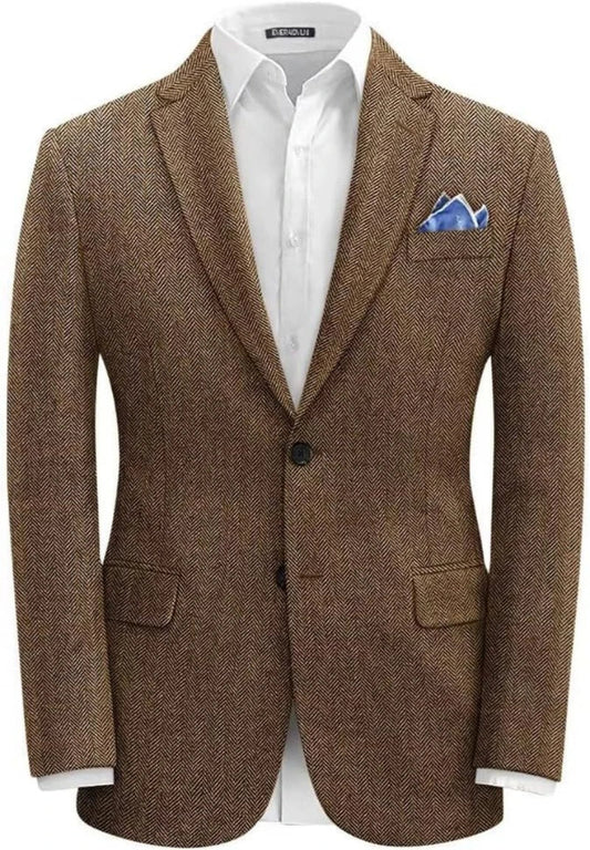 (Only Coat) Men's Suit Brown Herringbone Blazer Prom Tuxedos Wool Tweed Notch Lapel Two Buttons Bussiness/Wedding Jacket Tops