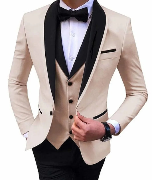 Black Shawal Lapel Costume Homme Groom Tuxedos Men Suit Wedding Prom Blazer 3 Pieces Terno Masculino (Jacket+Pants+Vest)