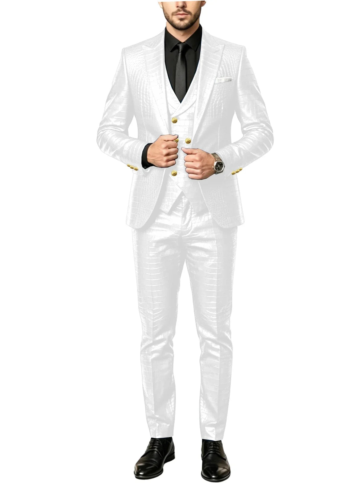 Men's 3 Piece Suit Crocodile Pattern Prime PU Leather Single Breasted Gold Buttons Slim Fit Wedding Dinner Party Formal Outfit ﻿
