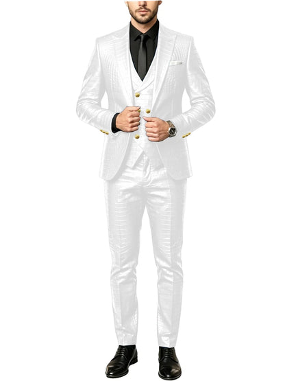 Men's 3 Piece Suit Crocodile Pattern Prime PU Leather Single Breasted Gold Buttons Slim Fit Wedding Dinner Party Formal Outfit ﻿