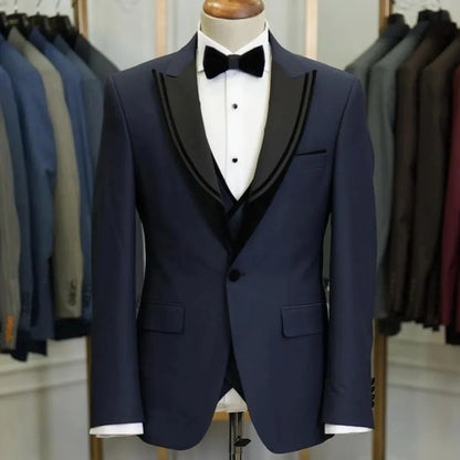 Men Suit 3 Pieces Navy Blue With Lapel Solid For Wedding Banquet Birthday Business Party Prom Work Office Set Jacket Vest Pants