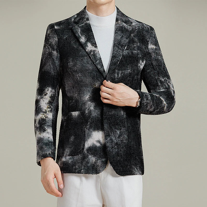 Autumn Korean Slim Fit Suit Jacket for Men Tie Dye Chenille Fashion Casual Suit Jacket Warm Business Social Formal Men Blazers