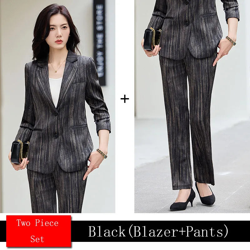 Fashion Women Striped Pants Suit New Spring Business Formal Slim Long Sleeve Thin Blazer and Trousers Office Ladies Work Wear