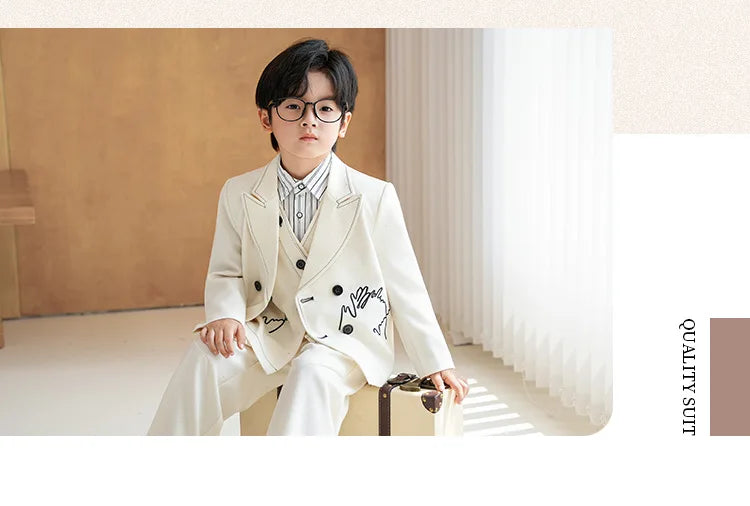 Boys Solid Double Breasted Blazer Jack Vest Pants Children Suit Waistcoat Wedding Clothes Sets Toddler Formal Dress Kids Tuxedos