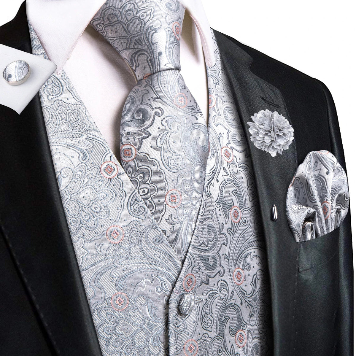 Men's Jacquard Waistcoat Suit Vest with Tie Hanky Cufflinks Brooch Set for Weddings and Business Events