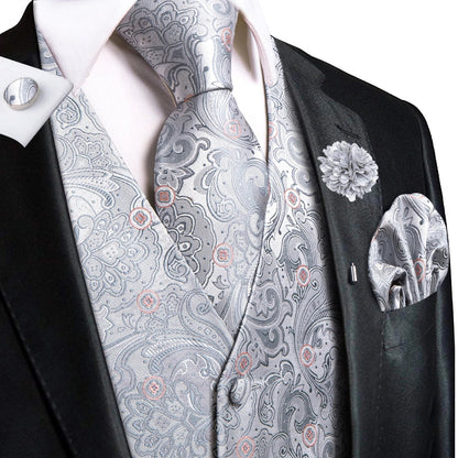 Men's Jacquard Waistcoat Suit Vest with Tie Hanky Cufflinks Brooch Set for Weddings and Business Events