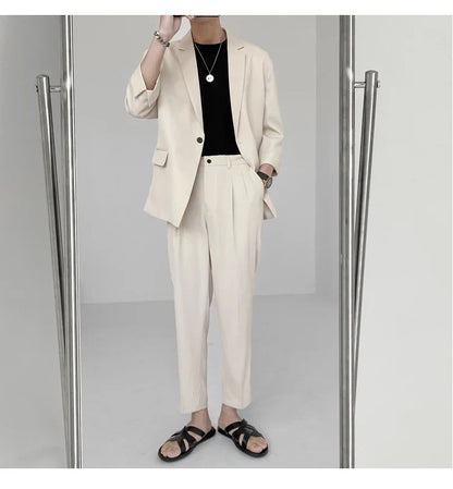 2022 Fashion Summer 2-piece Set Solid Color Single-breasted Casual Simple Student Wear Homme Loose Suits Wear (Blazers + Pants)
