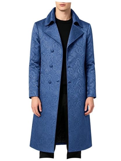 Men Luxury Jacquard Long Trench Coat Lapel Formal Overcoat Outerwear For Wedding Prom Banquet Club Evening Business Stage Party