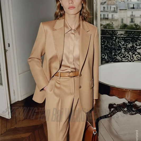 Chic Casual Women Pant Suit Notched Lapel Loose Fit Daily Fashion Outfit Jacket Trousers Single Breasted Two Pieces Tailored