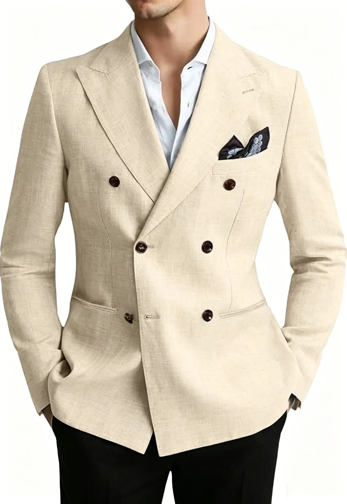 Men’s Linen Blend Suit Blazer Double Breasted Casual Peak Lapel British Style Jacket  Soft Breathable Men Suit For Summer Beach