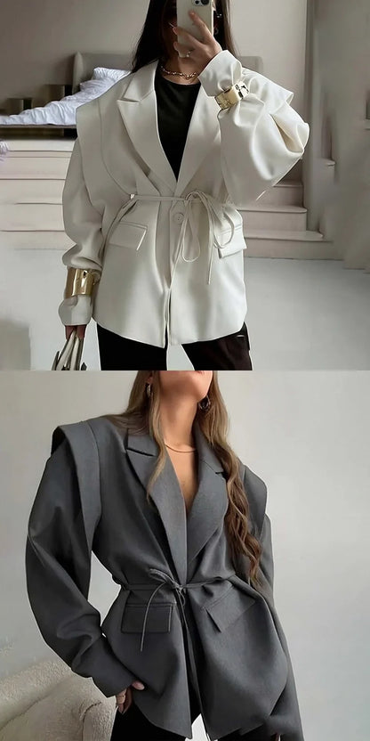 Spring Autumn Fashion Women's Pure Color Belted Shoulder Pad Suit Coat Commute Style Loose Fit Long Sleeve Regular Length
