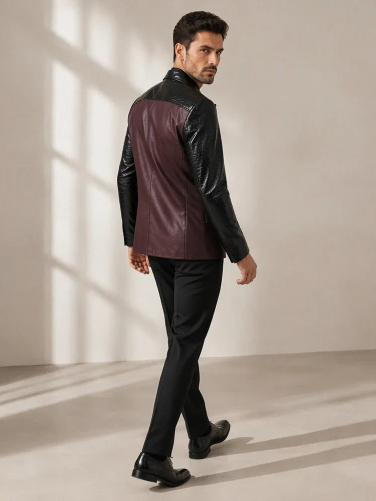 Men Faux Leather Blazer Double Breasted Croc Embossed Patchwork Lapel Collar Slim Fit Jacket Spliced Business Party Outerwear
