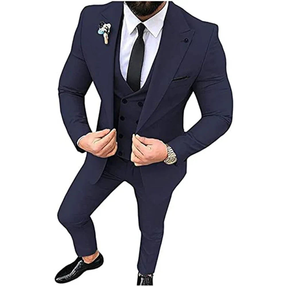 Beige Men's Suits Groom Tuxedos Slim Fit Business Casual Peak Lapel 3 Piece Suit Set Costume Homme (jacket+pants+vest)