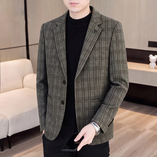 Men's Plaid Suiting Jacket Autumn Winter New Design Business Casual All-Match Outerwear Trendy Men's Clothing